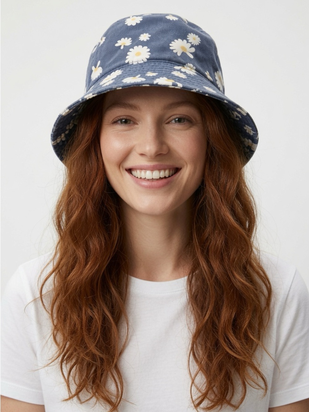 Dusty blue bucket hat with white floral daisy pattern
